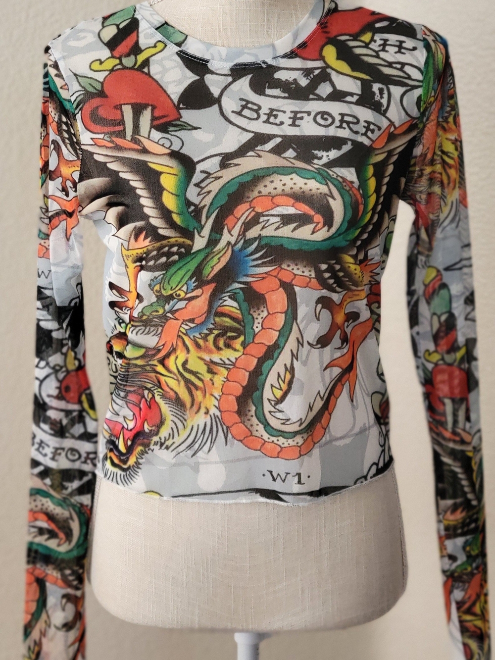 Ed Hardy Dragon Dagger Mesh Top Long Sleeve Crop Tee Tattoo Print XS S Tagless